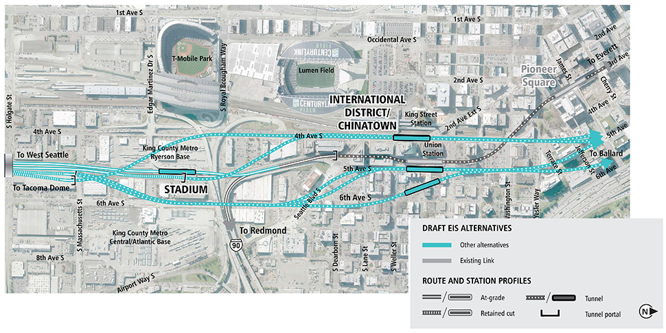 Map of Chinatown-International District station in Seattle with blue lines for other Draft EIS alternatives. Lines indicate tunnel alternatives. See text description below for additional details. Click to enlarge